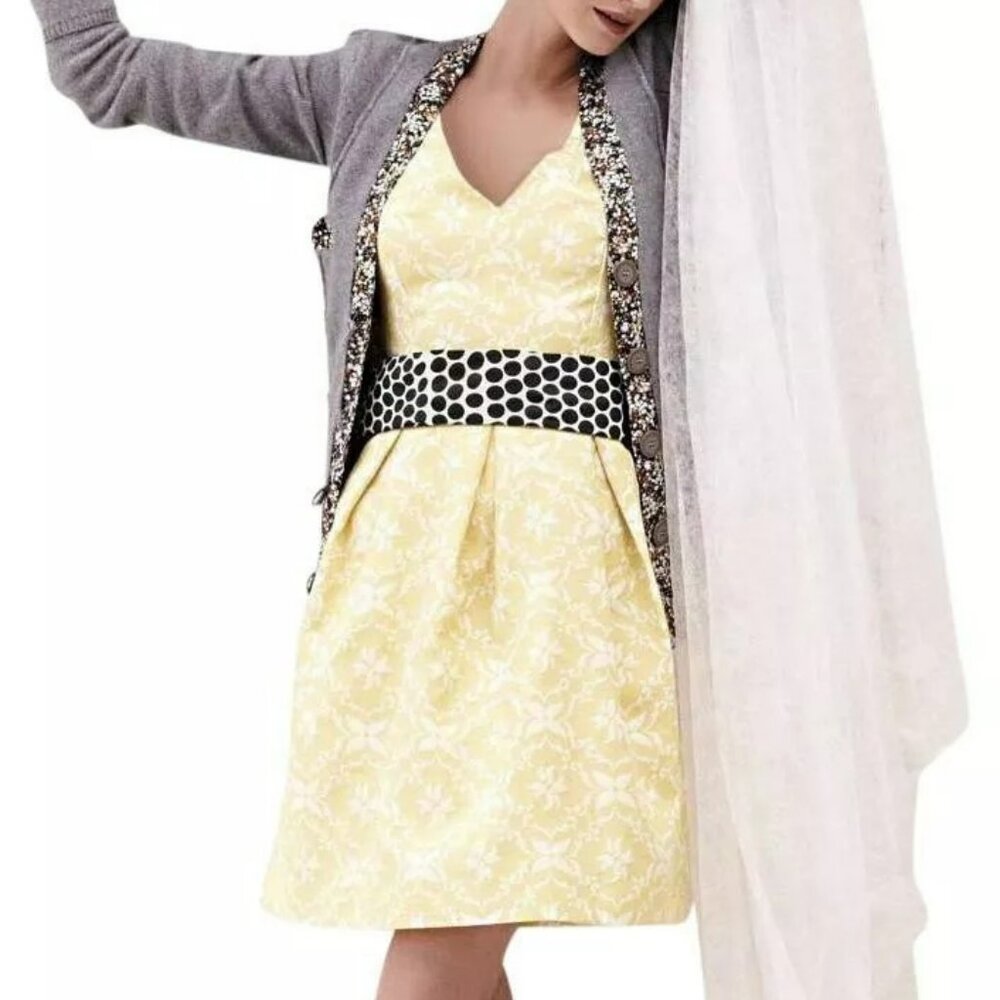 Anthropologie Lemon Yellow White Floral Jacquard Sleeveless Fit Flare Dress XS 2